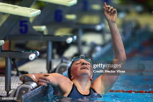 McKenzie Coan of United States celebrates in women's 400 m Freestyle S7 during day 5 of the Para Swimming World Championship Mexico City 2017 at...