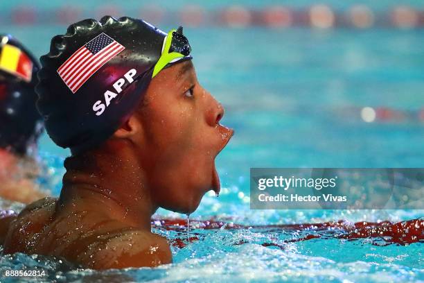 Lawrence Sapp of United States celebrates in men's 100 m Backstroke S14 during day 5 of the Para Swimming World Championship Mexico City 2017 at...
