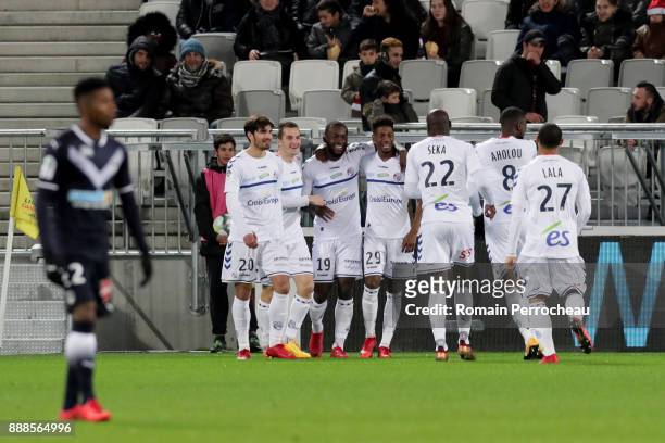 General view of Strasbourg players after the goal of Stephane Bahoken during the Ligue 1 match between FC Girondins de Bordeaux and Strasbourg at...