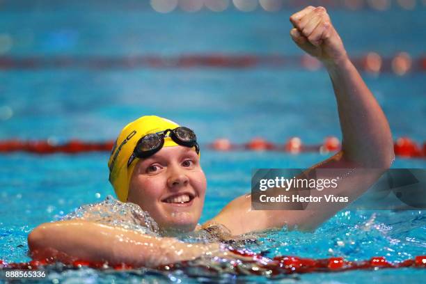 Pernilla Lindberg of Sweden celebrates in women's 100 m Backstroke S14 during day 5 of the Para Swimming World Championship Mexico City 2017 at...