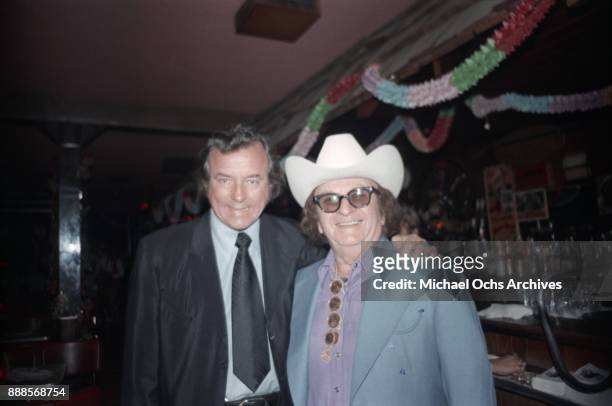 Country clothing designer Nudie Cohn and Palomino owner Tommy Thomas pose for a photo at The Palomino Club on March 20, 1972 in the North Hollywood...