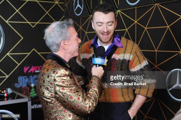 Elivs Duran and Sam Smith attend the Z100's Jingle Ball 2017 backstage on December 8, 2017 in New York City.
