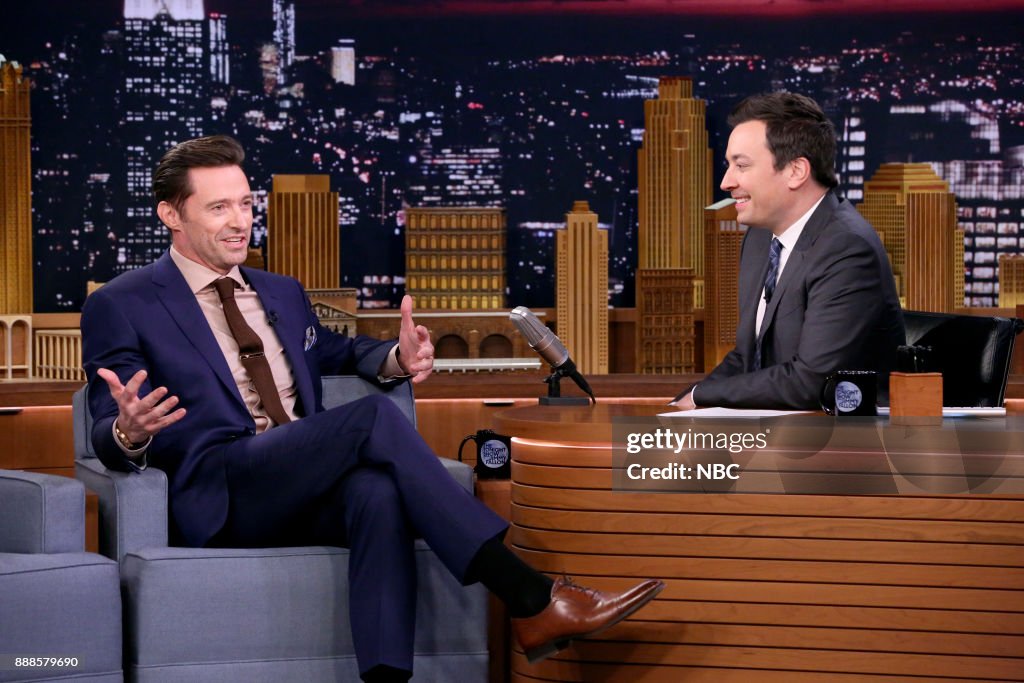 Jimmy Fallon Roles Actor Hugh Jackman with host Jimmy Fallon during an interview on ...