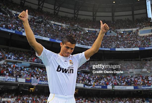 New Real Madrid player Cristiano Ronaldo is presented to a full house at the Santiago Bernabeu stadium on July 6, 2009 in Madrid, Spain.