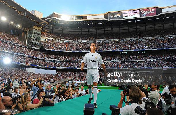 New Real Madrid player Cristiano Ronaldo is presented to a full house at the Santiago Bernabeu stadium on July 6, 2009 in Madrid, Spain.