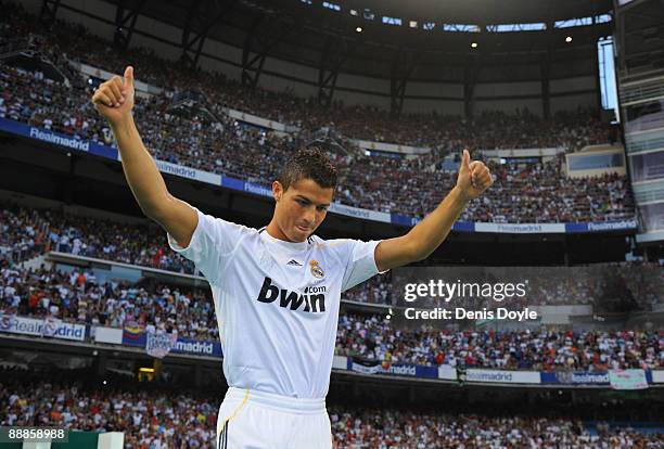 New Real Madrid player Cristiano Ronaldo is presented to a full house at the Santiago Bernabeu stadium on July 6, 2009 in Madrid, Spain.