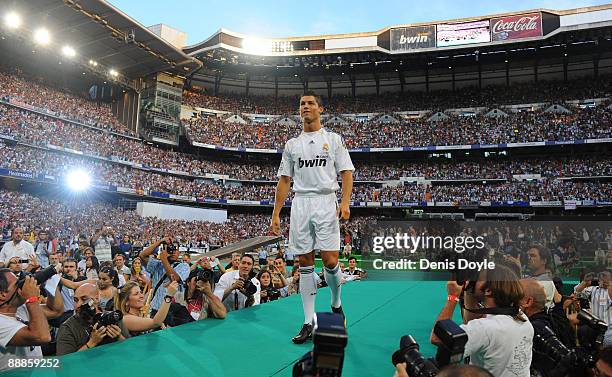 New Real Madrid player Cristiano Ronaldo is presented to a full house at the Santiago Bernabeu stadium on July 6, 2009 in Madrid, Spain.