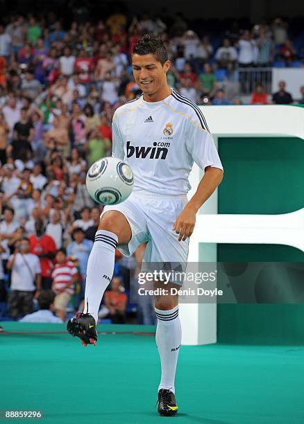 New Real Madrid player Cristiano Ronaldo is presented to a full house at the Santiago Bernabeu stadium on July 6, 2009 in Madrid, Spain.