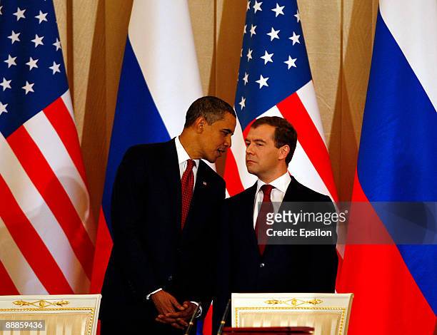 President Barack Obama and Russian President Dmitry Medvedev hold their press conference after the signing ceremony of the Joint Understanding on...