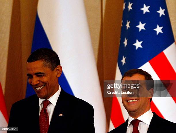 President Barack Obama and Russian President Dmitry Medvedev hold their press conference after the signing ceremony of the Joint Understanding on...