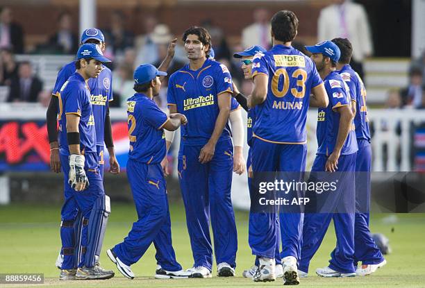 Rajasthan Royals Sohail Tanvir celebrates the wicket of Billy Godleman of Middlesex Panthers during the Twenty Twenty British Asian Challenge at...