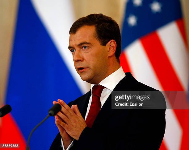 Russian President Dmitry Medvedev speaks during a press conference with U.S. President Barack Obama after the signing ceremony of the Joint...