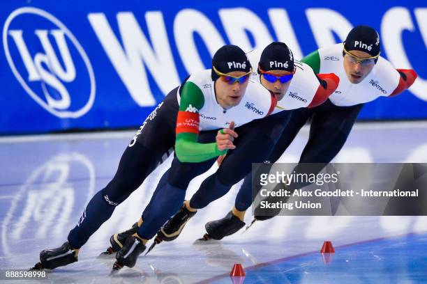 Andrea Giovannini , Nicola Tumolero and Riccardo Bugari of Italy compete in the men's team pursuit during the ISU World Cup Short Track Speed Skating...