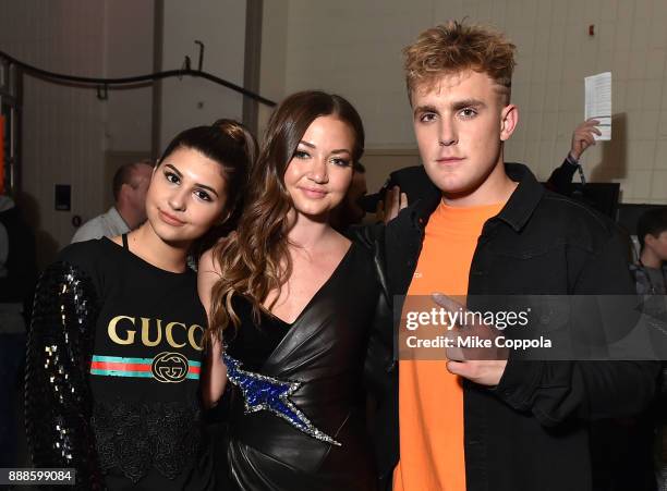 Sunny Malouf, Erika Costell and Jake Paul attend Z100's Jingle Ball 2017 backstage on December 8, 2017 in New York City.