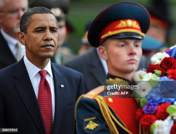 President Barack Obama participates in a wreath-laying ceremony at the Tomb of the Unkown Soldier in Moscow on July 6, 2009. Obama arrived in Russia...