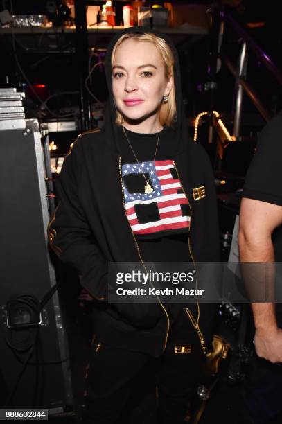 Lindsay Lohan attends Z100's Jingle Ball 2017 backstage on December 8, 2017 in New York City.