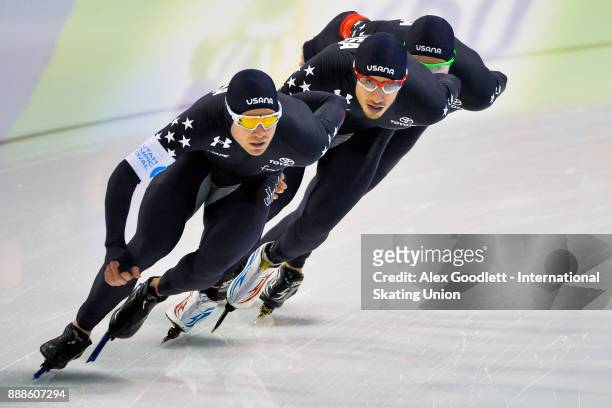 Joey Mantia , Brian Hansen and Emery Lehman of the United States of America compete in the men's team pursuit during the ISU World Cup Speed Skating...