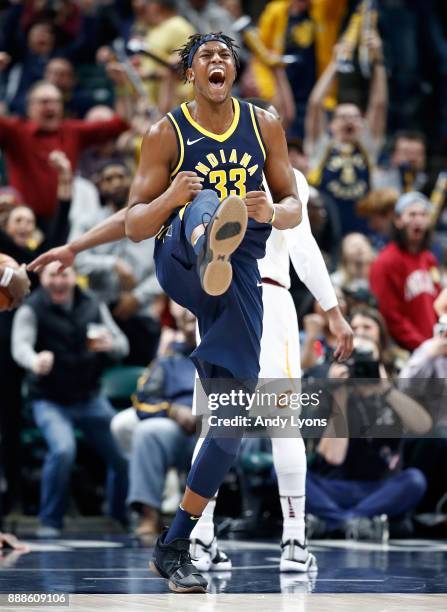 Myles Turner of the Indiana Pacers celebrates celebrates during the 106-102 win over the Cleveland Cavaliers at Bankers Life Fieldhouse on December...