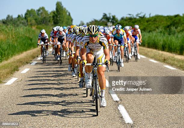 Bernhard Eisel of Austria and Team Columbia HTC leads the pack during stage three of the 2009 Tour de France from Marseille to La Grande Motte on...