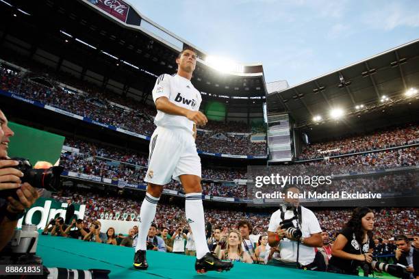 Cristiano Ronaldo during his official presentation as a new Real Madrid player at the Santiago Bernabeu Stadium on July 6, 2009 in Madrid, Spain.