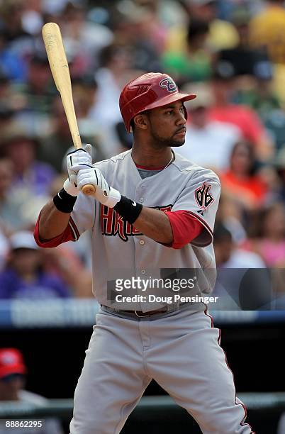 Outfielder Chris Young of the Arizona Diamondbacks takes an at bat against the Colorado Rockies during MLB action at Coors Field on July 5, 2009 in...