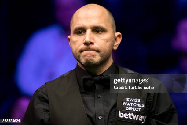Joe Perry of England reacts during his quarter-final match against Stephen Maguire of Scotland on day 12 of 2017 Betway UK Championship at Barbican...
