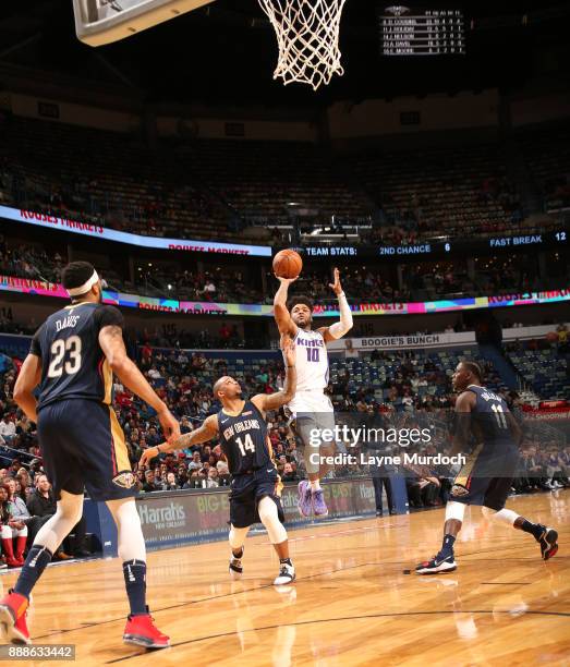 Frank Mason III of the Sacramento Kings goes to the basket against the New Orleans Pelicans on December 8, 2017 at Smoothie King Center in New...