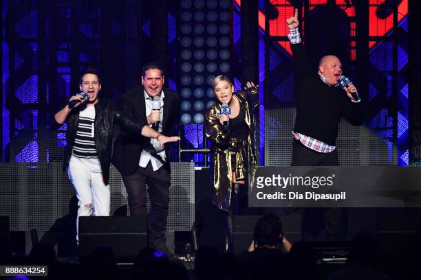 Phill Kross, Skeery Jones , Olivia Holt and Greg T speak onstage at the Z100's Jingle Ball 2017 on December 8, 2017 in New York City.