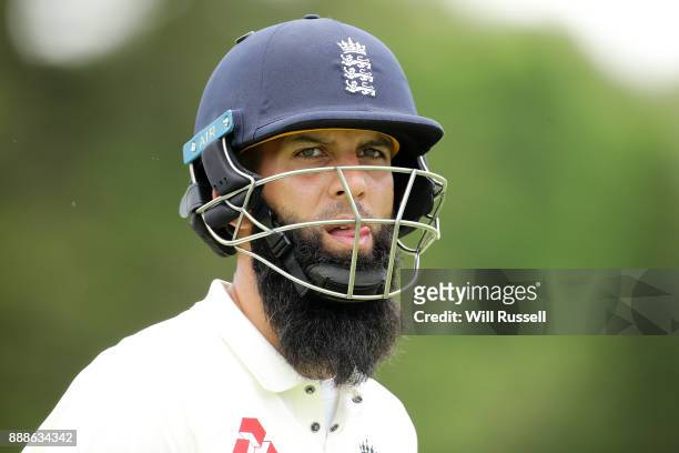 Moeen Ali of England leaves the field after being caught by Josh Philippe of the Cricket Australia XI during the Two Day tour match between the...