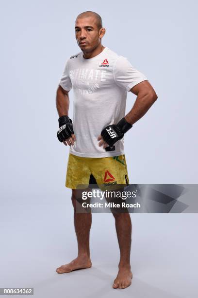 Jose Aldo of Brazil poses for a portrait during a UFC photo session on November 29, 2017 in Detroit, Michigan.