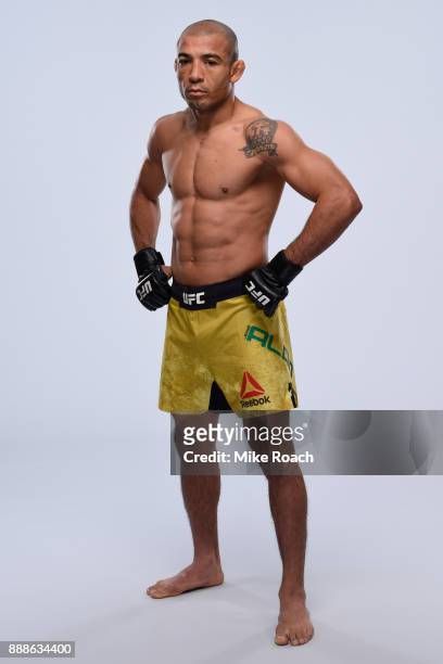 Jose Aldo of Brazil poses for a portrait during a UFC photo session on November 29, 2017 in Detroit, Michigan.