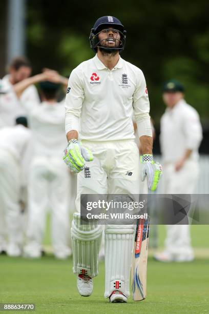 Ben Foakes of England leaves the field after being caught by Josh Philippe of Australia during the Two Day tour match between the Cricket Australia...