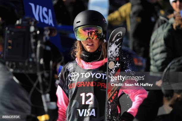 Sabrina Cakmakli of Germany looks on after her run in the the finals of the FIS Freeski World Cup 2018 Men's Halfpipe during the Toyota U.S. Grand...