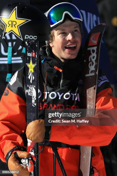 Aaron Blunck of the United States looks on after taking a run in the finals of the FIS Freeski World Cup 2018 Men's Halfpipe during the Toyota U.S....