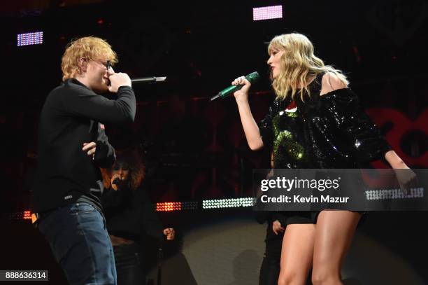 Taylor Swift and Ed Sheeran perform onstage at the Z100's Jingle Ball 2017 on December 8, 2017 in New York City.