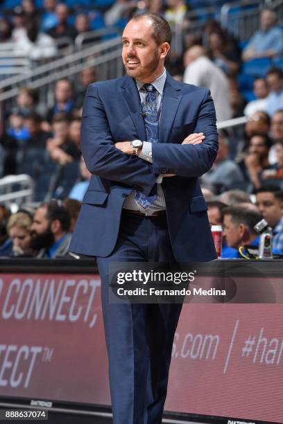 Coach Frank Vogel of the Orlando Magic looks on as they face against the Denver Nuggets on December 8, 2017 at the Amway Center in Orlando, Florida....