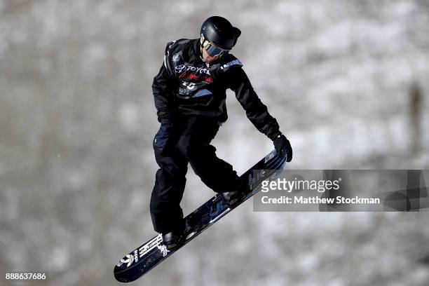 Dylan Thomas of the United States competes in qualifying for the FIS World Cup 2018 Men's Snowboard Big Air during the Toyota U.S. Grand Prix on...