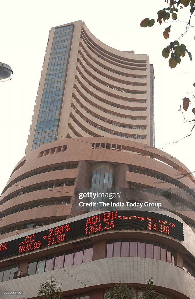 Electronic ticker running on a display board in front of BSE building (Bombay Stock Exchange) in Mumbai, Maharashtra, India