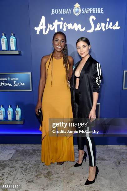 Issa Rae and Olivia Culpo pose for a photo at the 8th Annual Bombay Sapphire Artisan Series Finale Hosted By Issa Rae at Villa Casa Casuarina on...