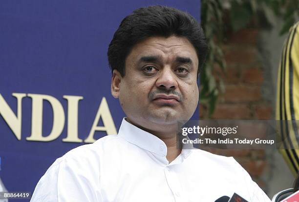 Chander Mohan alias Chand Mohammad, former deputy Chief Minister of Haryana addressing a Press Conference in New Delhi, India