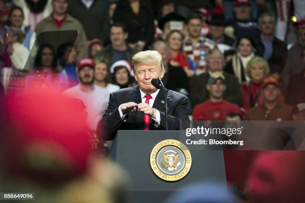 President Donald Trump gestures during a rally in Pensacola, Florida, U.S., on Friday, Dec. 8, 2017. Trump gave his most full-throated endorsement...