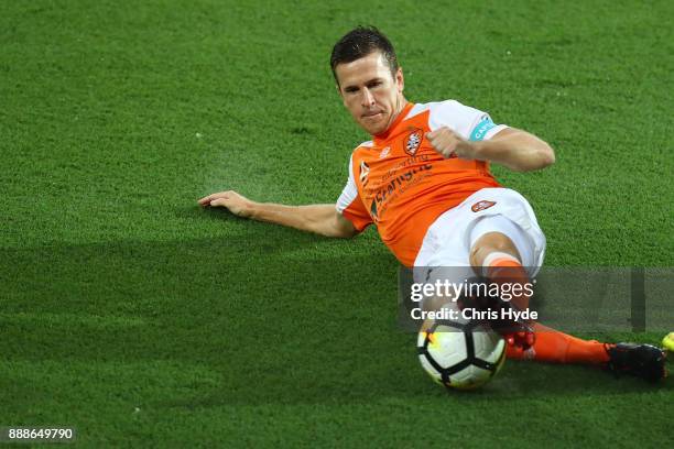 Matt McKay of the Roar controls the ball during the round 10 A-League match between the Brisbane Roar and the Wellington Phoenix at Cbus Super...