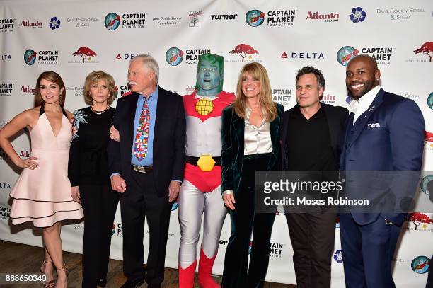 Anchor Christi Paul, actress Jane Fonda,Ted Turner,Captain Planet, Laura Turner Seydel, actor Mark Ruffalo and Dolvett Quince attends the 2017...