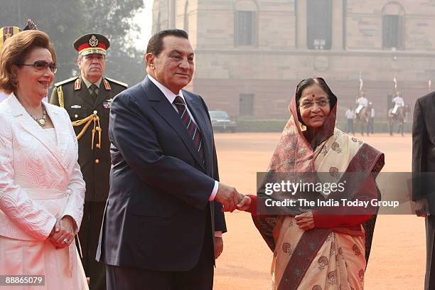 Mohamed Hosny Mubarak, President of Egypt and his wife Suzanne Mubarak along with Pratibha Devisingh Patil, President of India during a ceremonial...