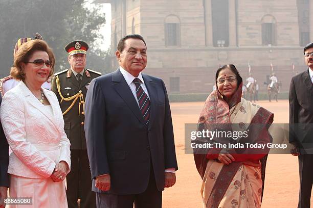 Mohamed Hosny Mubarak, President of Egypt and his wife Suzanne Mubarak along with Pratibha Devisingh Patil, President of India during a ceremonial...