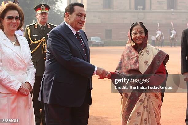 Mohamed Hosni Mubarak, President of Egypt and his wife Suzanne Mubarak along with Pratibha Devisingh Patil, President of India during a ceremonial...