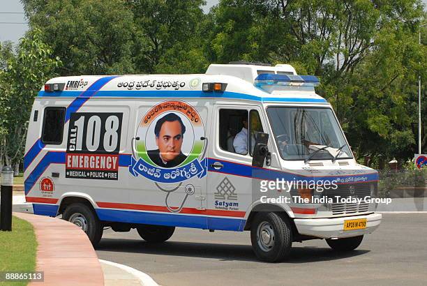 An Emergency Management and Research Institute Van gets going on a rescue mission in Hyderabad, Andhra Pradesh, India