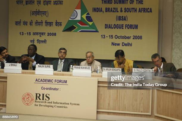 Pranab Mukherjee, Union Cabinet Minister for External Affairs with others at 3rd Summit of the India-Brazil-South Africa Dialogue Forum in New Delhi,...