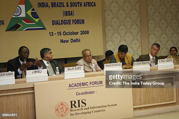 Pranab Mukherjee, Union Cabinet Minister for External Affairs with others at 3rd Summit of the India-Brazil-South Africa Dialogue Forum in New Delhi,...