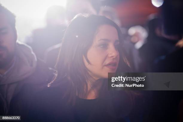 Candidate of the Ciutadans party Ines Arrimadas attends the media during a visit to a Ciudadanos election campaign stand on 8 December 2017 in...